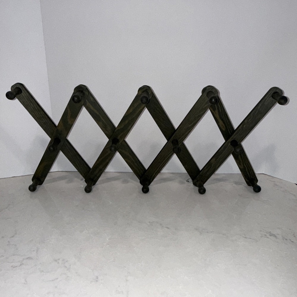 Vintage 14 Peg Green Wooden Accordion Wall Rack Cup Hat Expandable Hanger